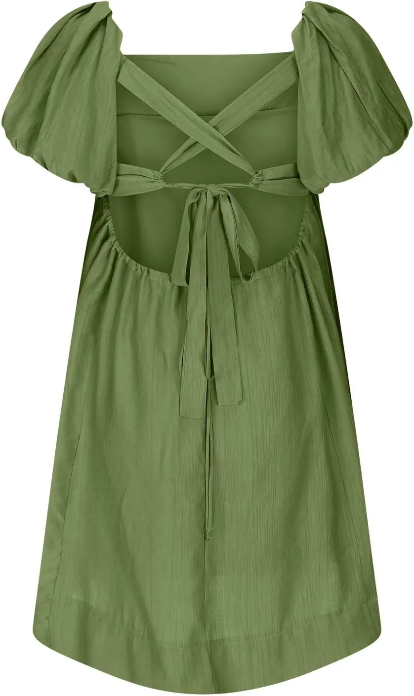 Babydoll Dress for Women 2024 Cute Puff Sleeve Dress Square Neck Short Dress High Waist Ruffle A Line Mini Dresses
