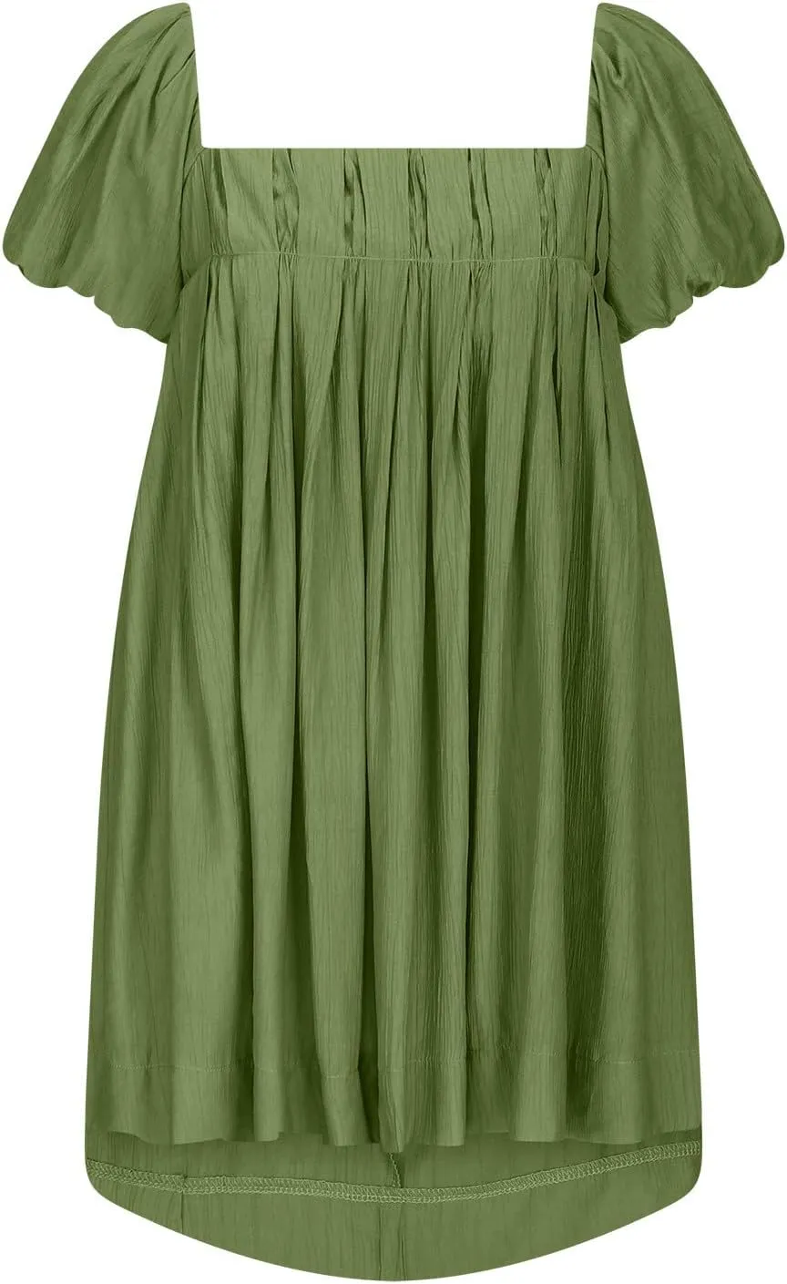 Babydoll Dress for Women 2024 Cute Puff Sleeve Dress Square Neck Short Dress High Waist Ruffle A Line Mini Dresses