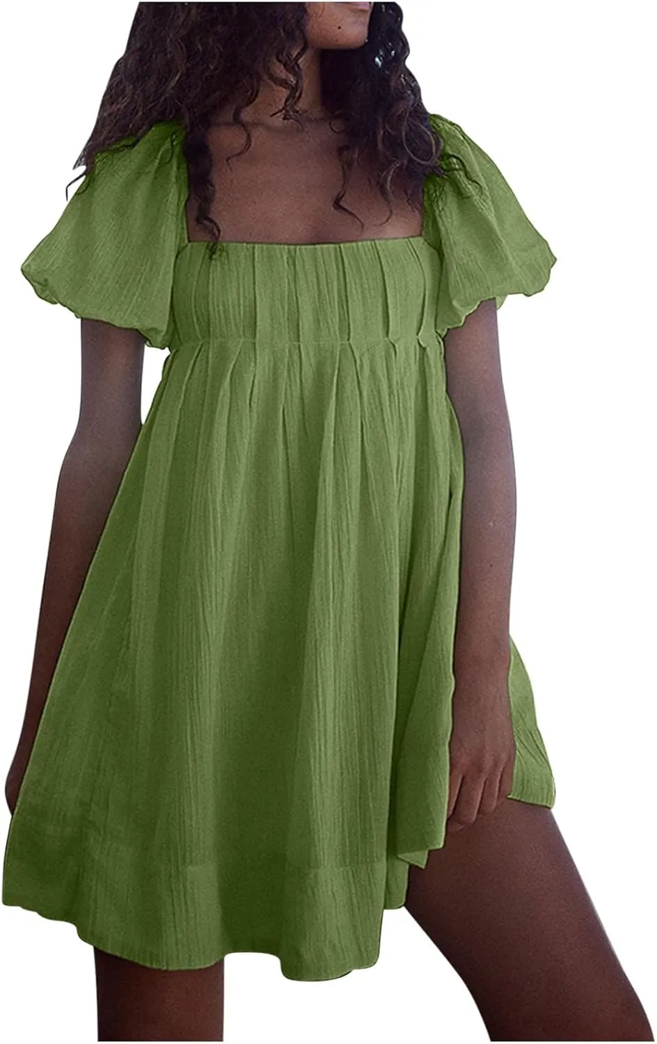 Babydoll Dress for Women 2024 Cute Puff Sleeve Dress Square Neck Short Dress High Waist Ruffle A Line Mini Dresses