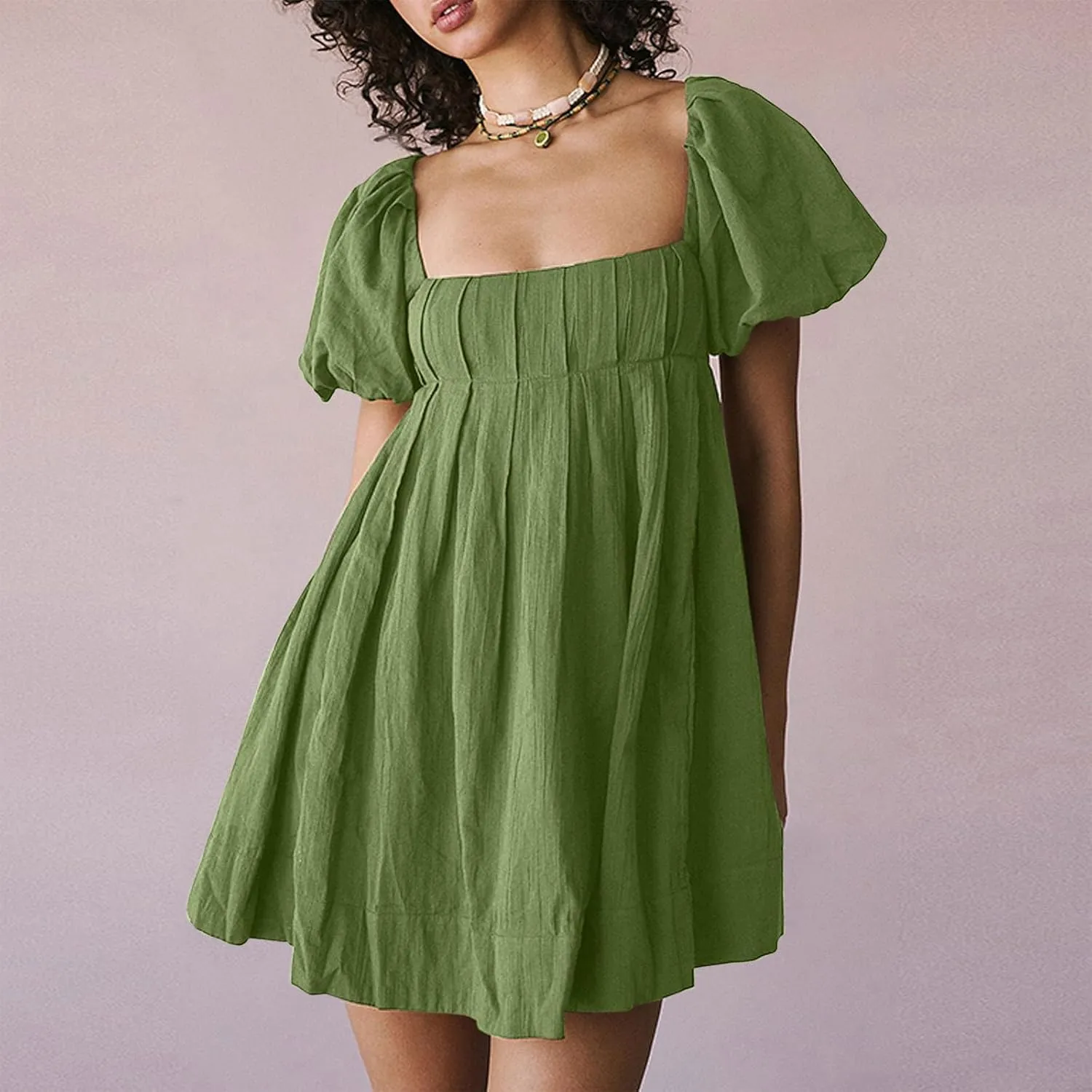 Babydoll Dress for Women 2024 Cute Puff Sleeve Dress Square Neck Short Dress High Waist Ruffle A Line Mini Dresses