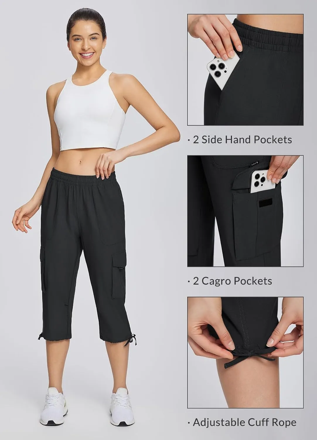 baleaf Women's 15" Cargo Capri Hiking Pants Quick Dry Lightweight Elastic Waist Outdoor Hiking Travel Casual with Pocket