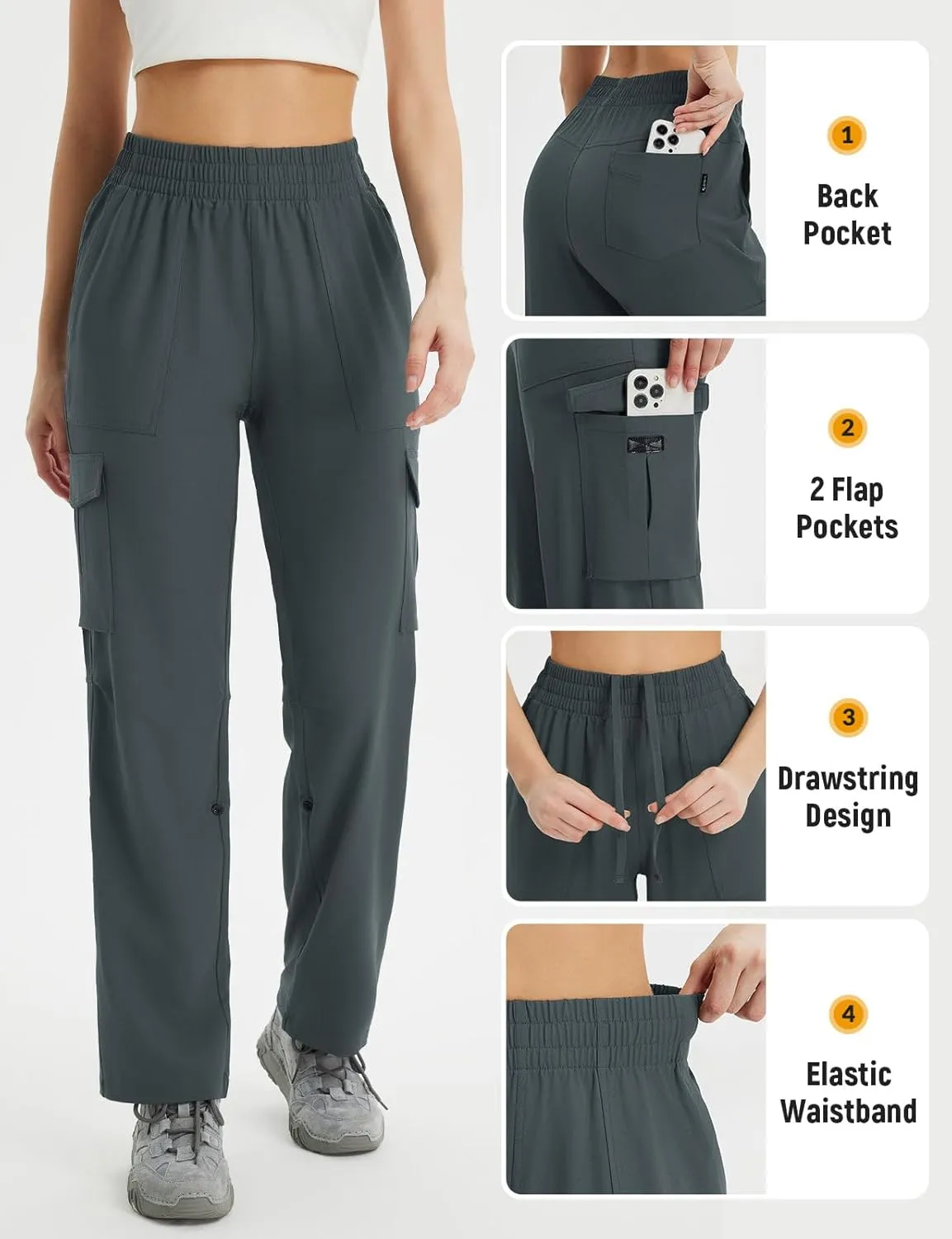 baleaf Women's Hiking Pants Water Resistant Convertible Cargo Capri Roll Up Capri UPF50  Zipper Pockets Clothing Travel