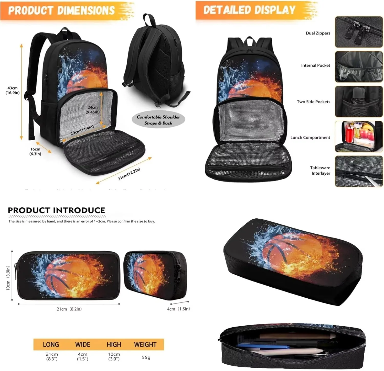 Basketball Backpack for Boys Bookbag with Lunch Box Compartment and Pen Pouch Laptop Backpack for College Work Picnic Beaches