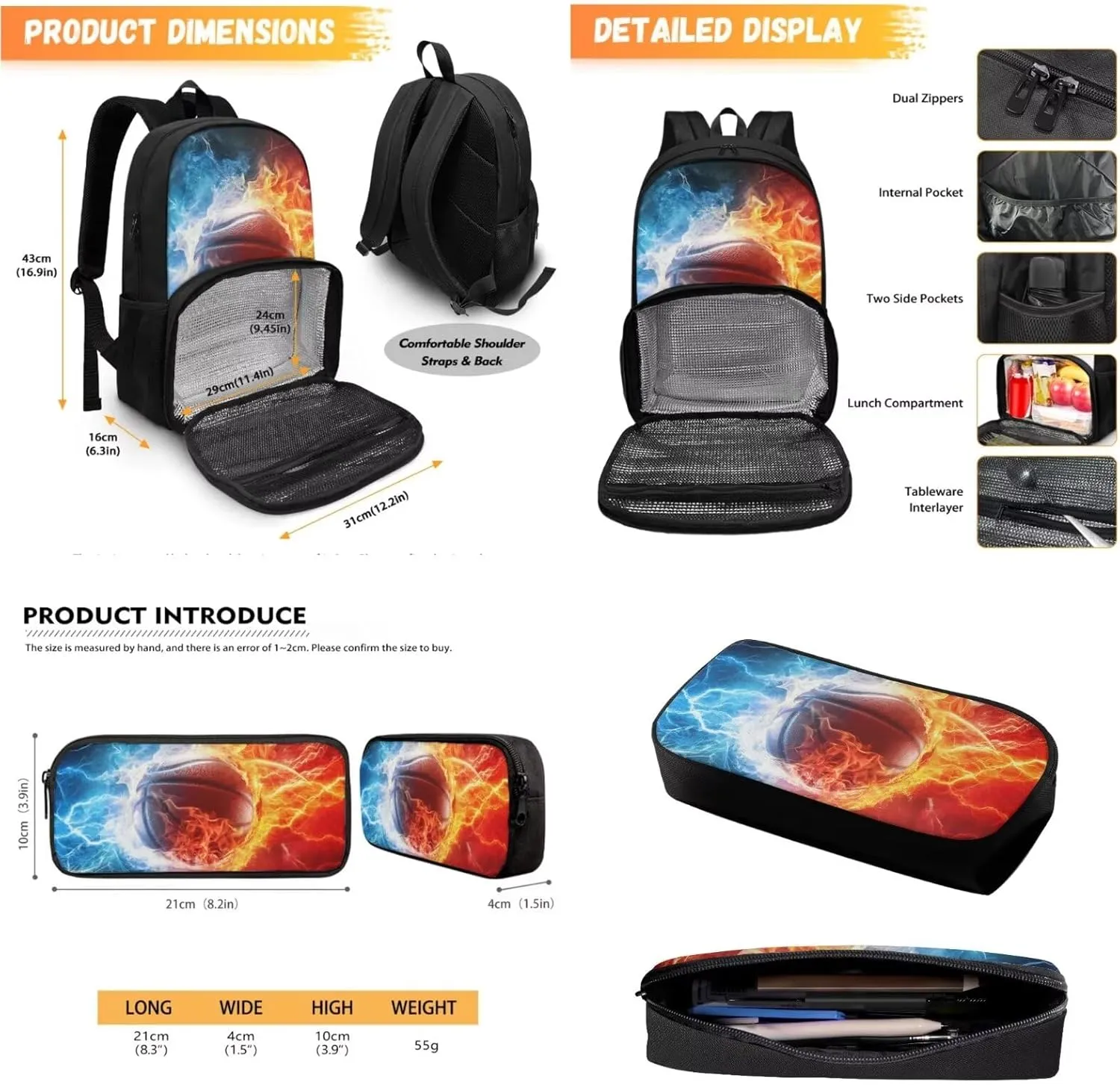 Basketball Backpack for Boys Bookbag with Pen Case Cooler Backpack with Lunch Box Compartment, Casual Daypack for School Travel Picnic