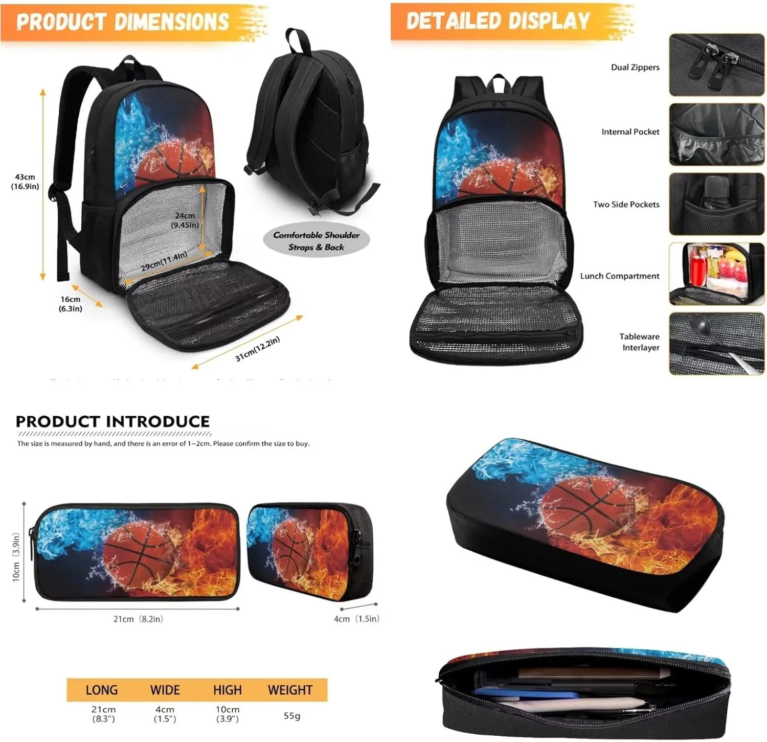 Basketball Backpack for School Boys Insulated Cooler Backpacks with Lunch Box Compartment and Pencil Case Laptop Backpack Food Bag for College High Middle School Beach Camping Picnics