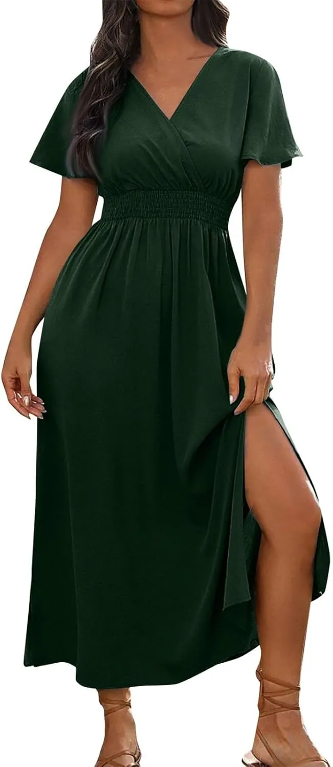 BAXLIMEK Maxi Dresses for Women,2025 Spring Summer Elegant V Neck Short Sleeve Beach Dress,Flowy Ruched Vacation Boho Dress