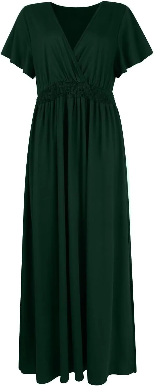 BAXLIMEK Maxi Dresses for Women,2025 Spring Summer Elegant V Neck Short Sleeve Beach Dress,Flowy Ruched Vacation Boho Dress