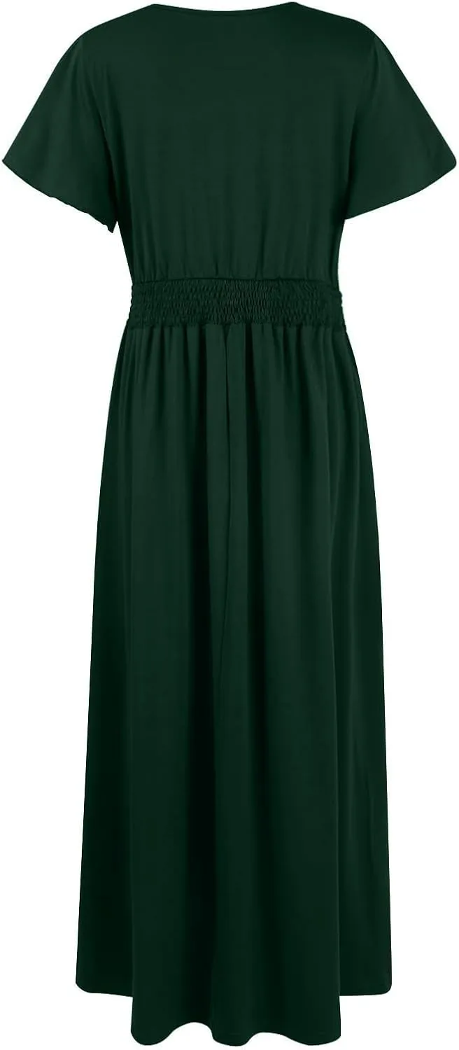 BAXLIMEK Maxi Dresses for Women,2025 Spring Summer Elegant V Neck Short Sleeve Beach Dress,Flowy Ruched Vacation Boho Dress
