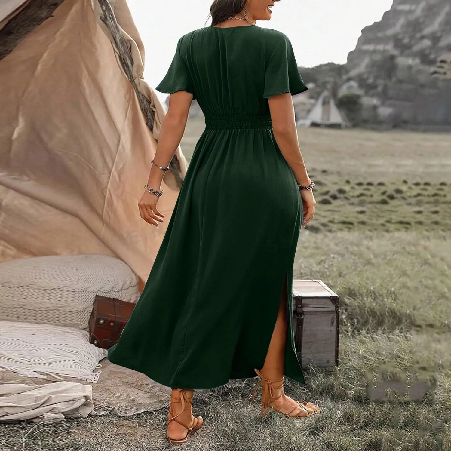 BAXLIMEK Maxi Dresses for Women,2025 Spring Summer Elegant V Neck Short Sleeve Beach Dress,Flowy Ruched Vacation Boho Dress