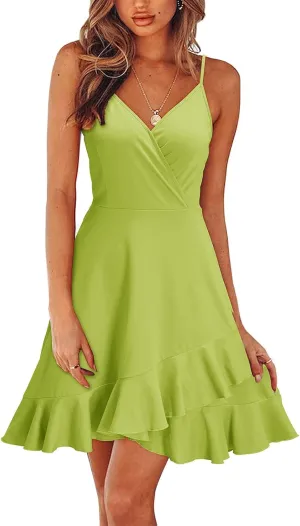 BAXLIMEK Party Dresses for Women,2025 Spring Summer Elegant V Neck Spaghetti Strap Sundress Flowy Ruched Ruffle Mini Dress