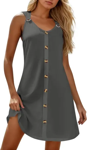 BAXLIMEK Sundresses for Women,2025 Spring Summer Casual Loose V Neck Sleeveless Mini Dress,Button Flowy A Line Beach Dress