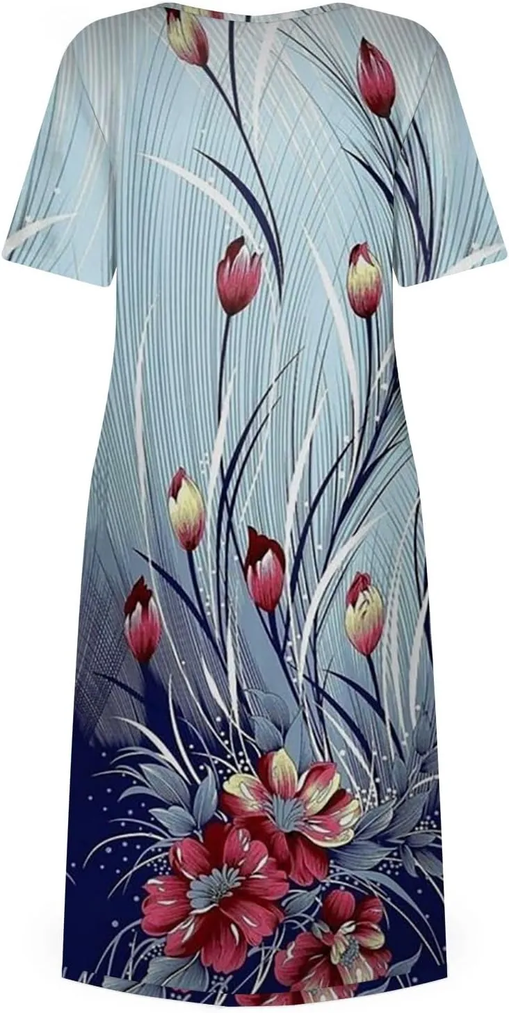 Beach Dresses for Women 2024 Summer Plus Size Short Sleeve Basic Dresses Print O Neck Flowy Dress with Pockets