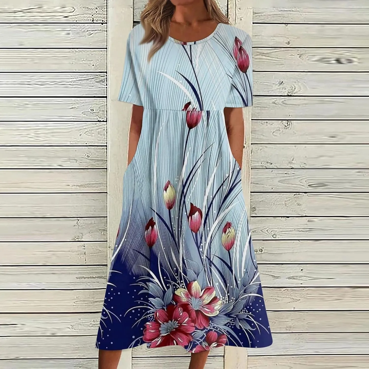 Beach Dresses for Women 2024 Summer Plus Size Short Sleeve Basic Dresses Print O Neck Flowy Dress with Pockets