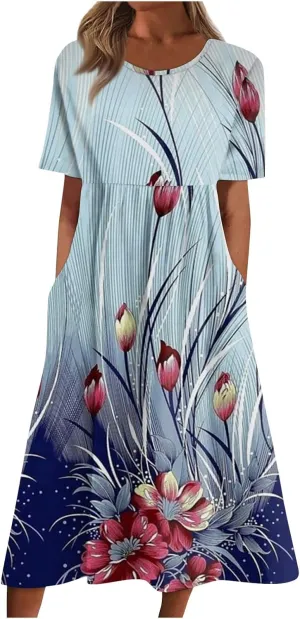 Beach Dresses for Women 2024 Summer Plus Size Short Sleeve Basic Dresses Print O Neck Flowy Dress with Pockets