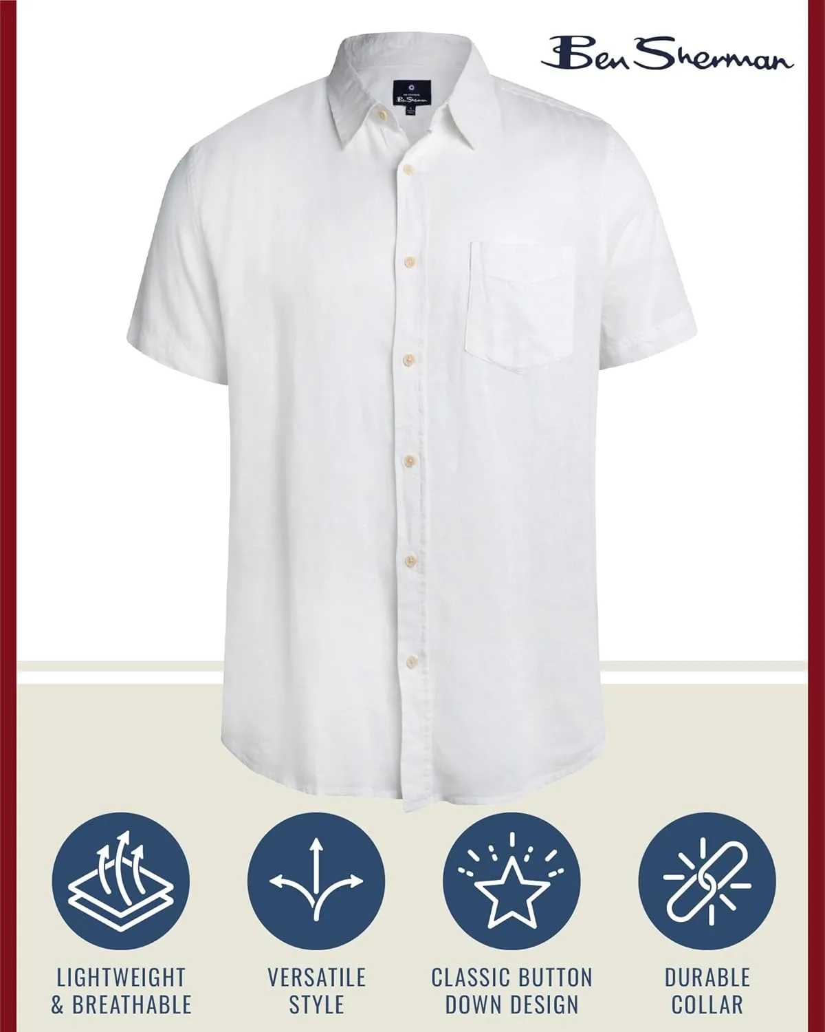 Ben Sherman Men's Linen Shirt - Regular Fit Short Sleeve Button Down Woven Linen Shirt (S-XL)