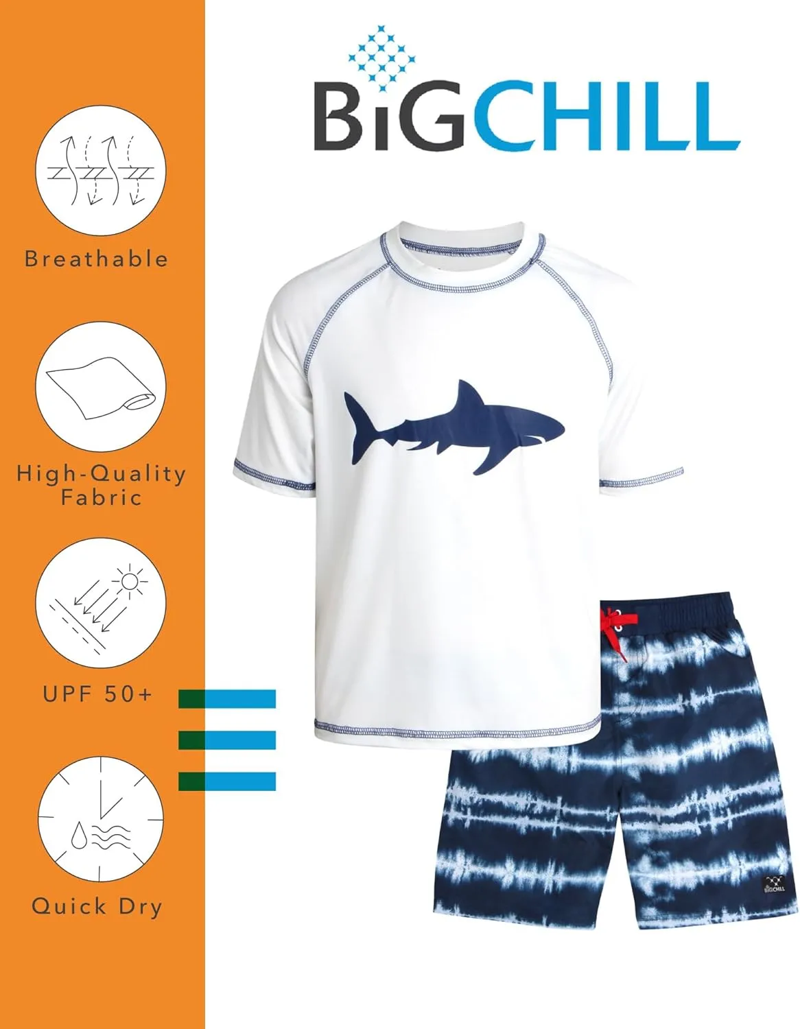 Big Chill Boys Rash Guard Set - 4 Piece UPF50  Sun Protection Quick Dry Short Sleeve Swim Shirt & Swim Trunks Set (Size 4-14)