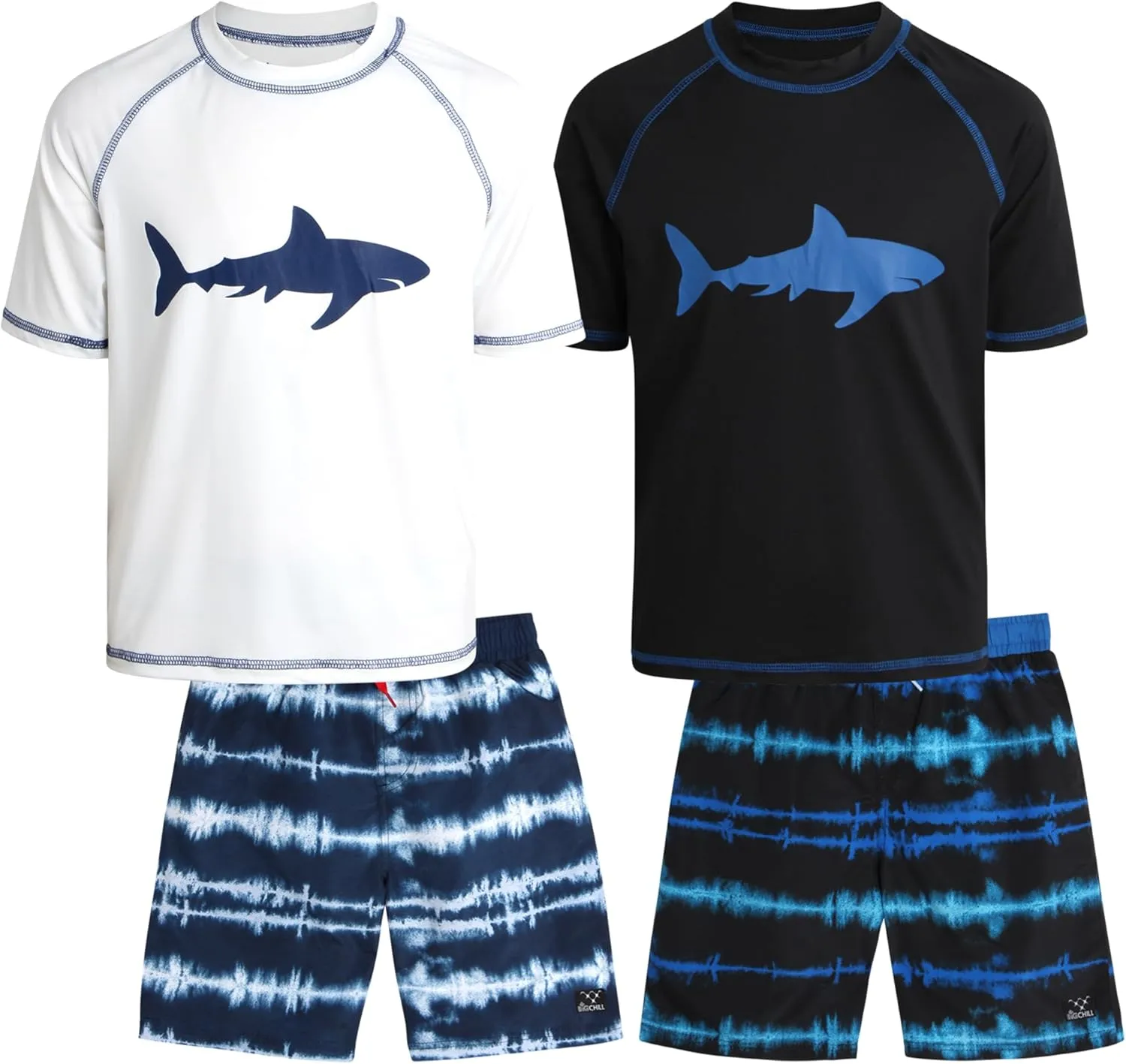 Big Chill Boys Rash Guard Set - 4 Piece UPF50  Sun Protection Quick Dry Short Sleeve Swim Shirt & Swim Trunks Set (Size 4-14)