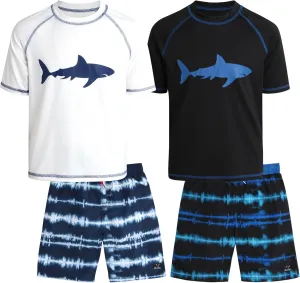 Big Chill Boys Rash Guard Set - 4 Piece UPF50  Sun Protection Quick Dry Short Sleeve Swim Shirt & Swim Trunks Set (Size 4-14)