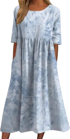 Boho Dress for Women Floral Print Crewneck Short Sleeve Tiered Pleated Long Sundresses Summer Casual Loose Dresses