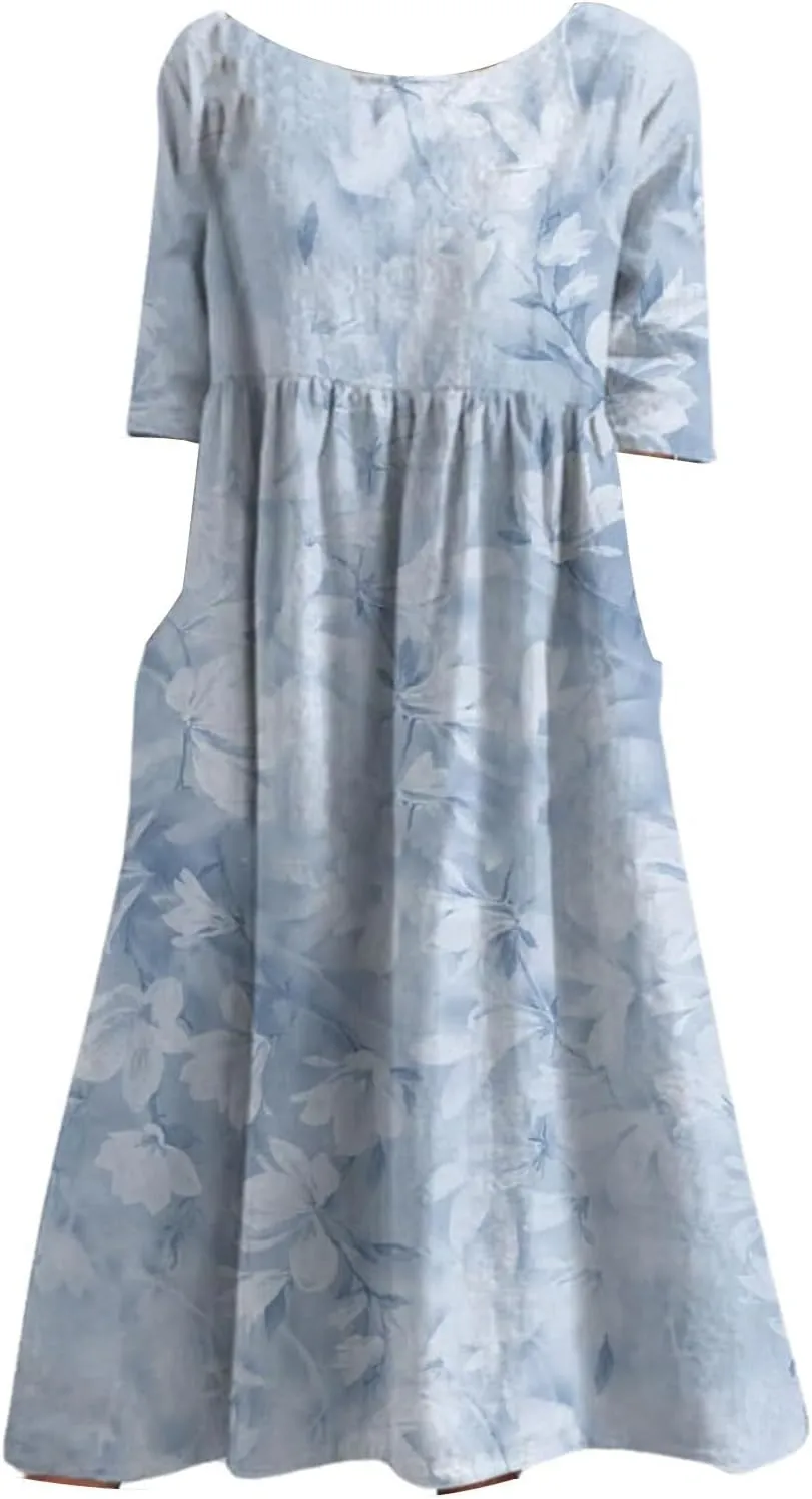 Boho Dress for Women Floral Print Crewneck Short Sleeve Tiered Pleated Long Sundresses Summer Casual Loose Dresses