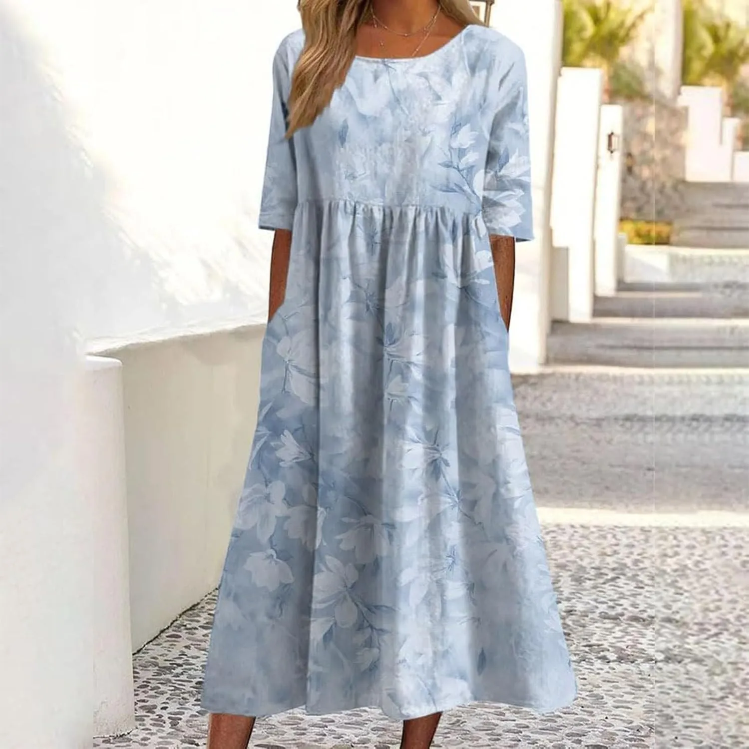 Boho Dress for Women Floral Print Crewneck Short Sleeve Tiered Pleated Long Sundresses Summer Casual Loose Dresses