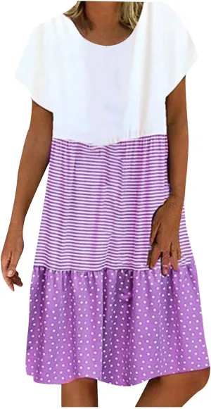 Boho Dresses for Women Trendy 2024 Casual Short Sleeve Summer Tshirt Dress Plus Size Color Block Swing Midi Sundress