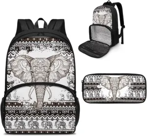 Boho Elephant Backpack for School Kids Bookbag with Lunch Box and Pencil Case Insulated Cooler Backpacks for Middle School College Bookbag