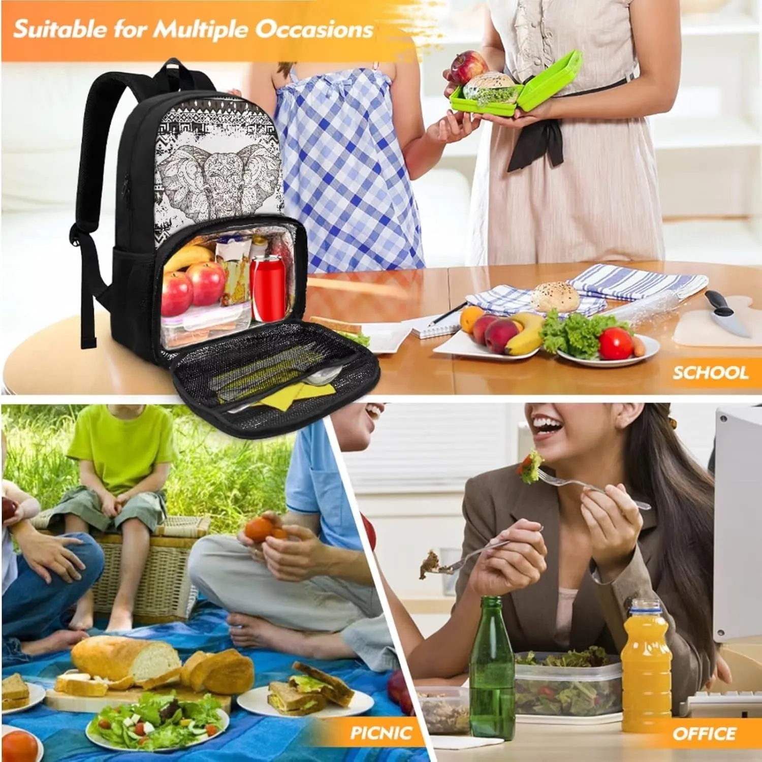 Boho Elephant Backpack for School Kids Bookbag with Lunch Box and Pencil Case Insulated Cooler Backpacks for Middle School College Bookbag