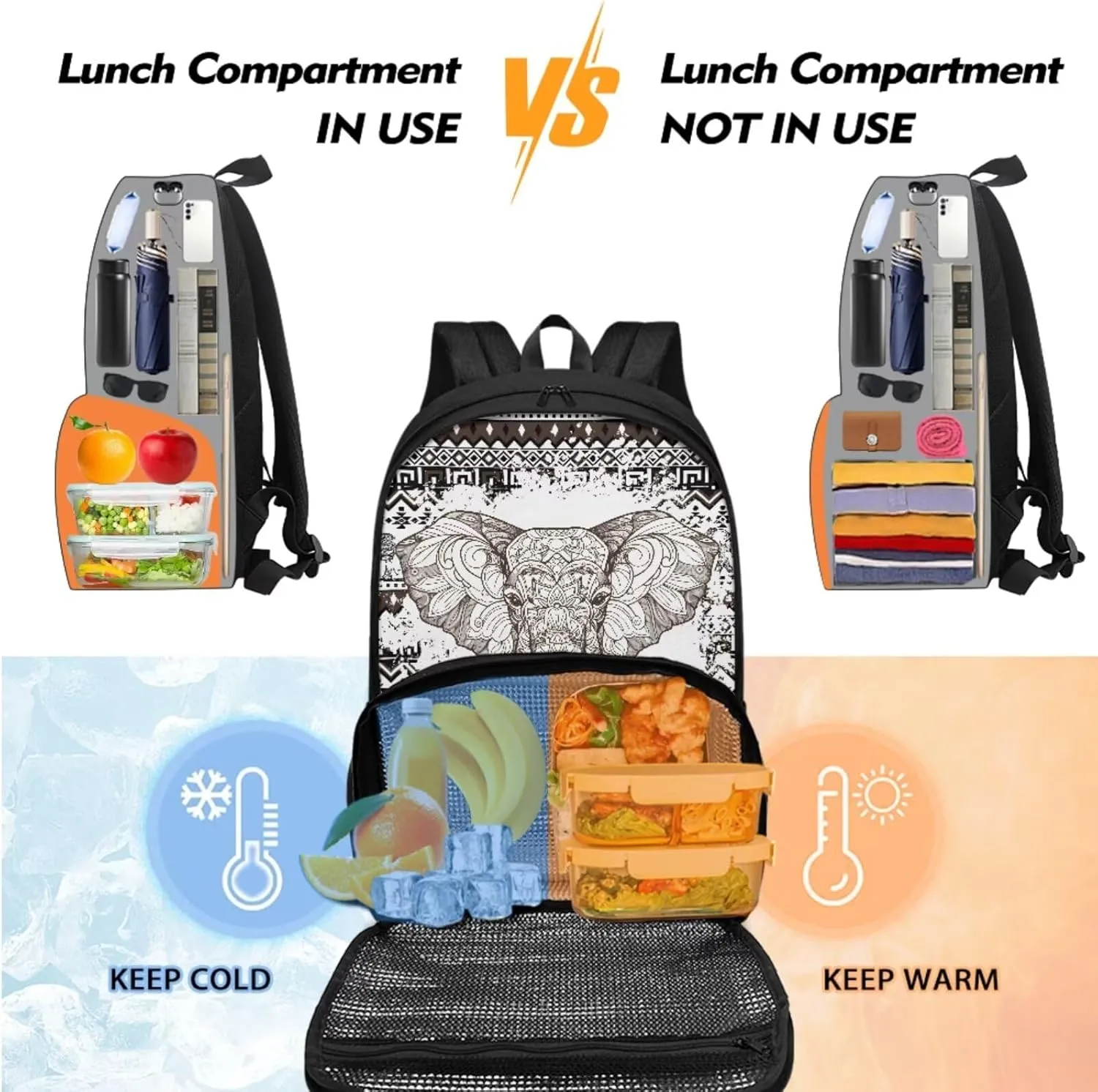 Boho Elephant Backpack for School Kids Bookbag with Lunch Box and Pencil Case Insulated Cooler Backpacks for Middle School College Bookbag