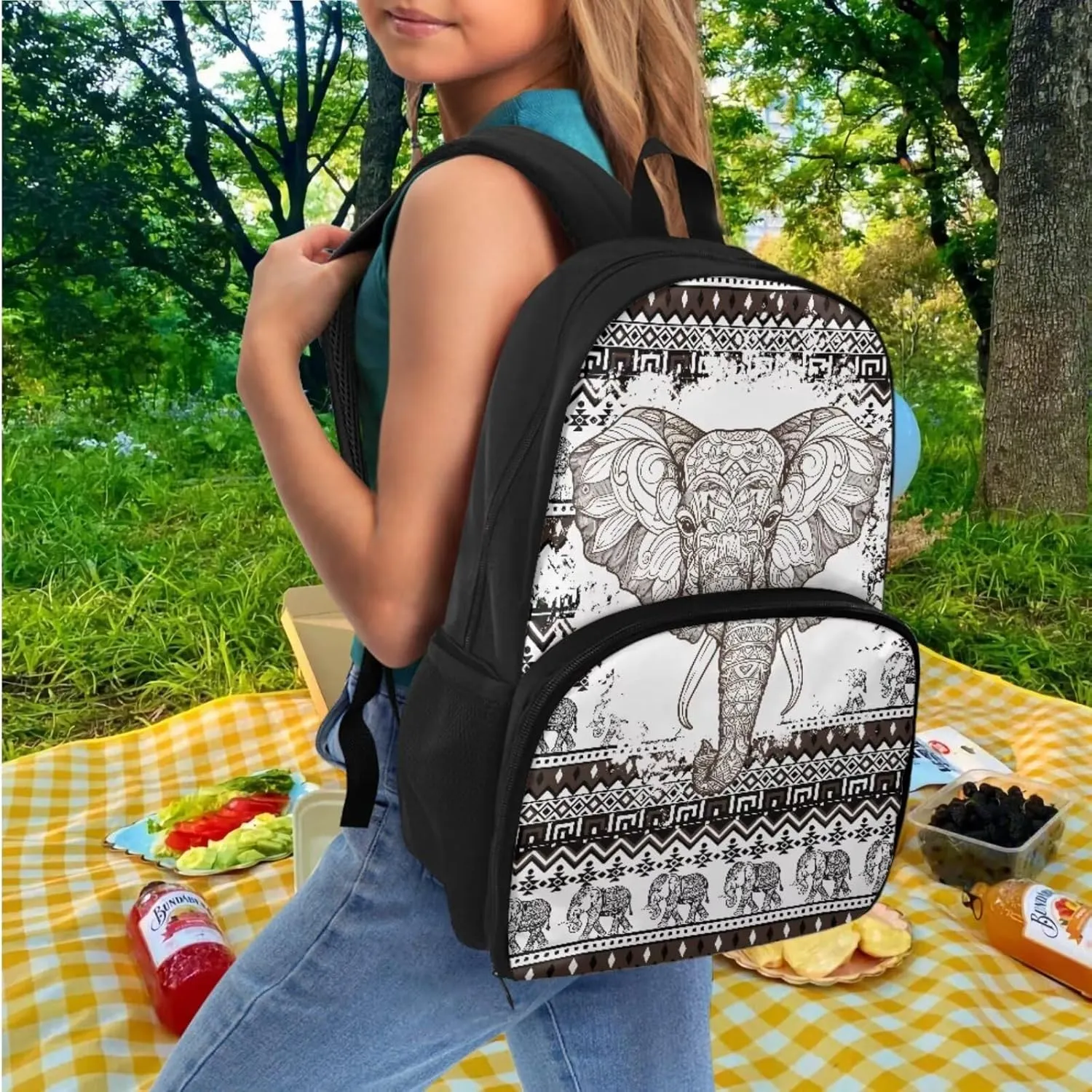 Boho Elephant Backpack for School Kids Bookbag with Lunch Box and Pencil Case Insulated Cooler Backpacks for Middle School College Bookbag