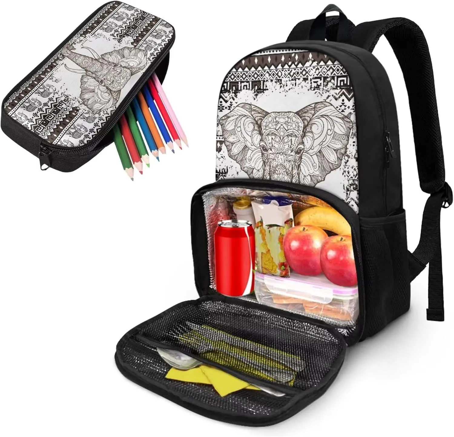 Boho Elephant Backpack for School Kids Bookbag with Lunch Box and Pencil Case Insulated Cooler Backpacks for Middle School College Bookbag
