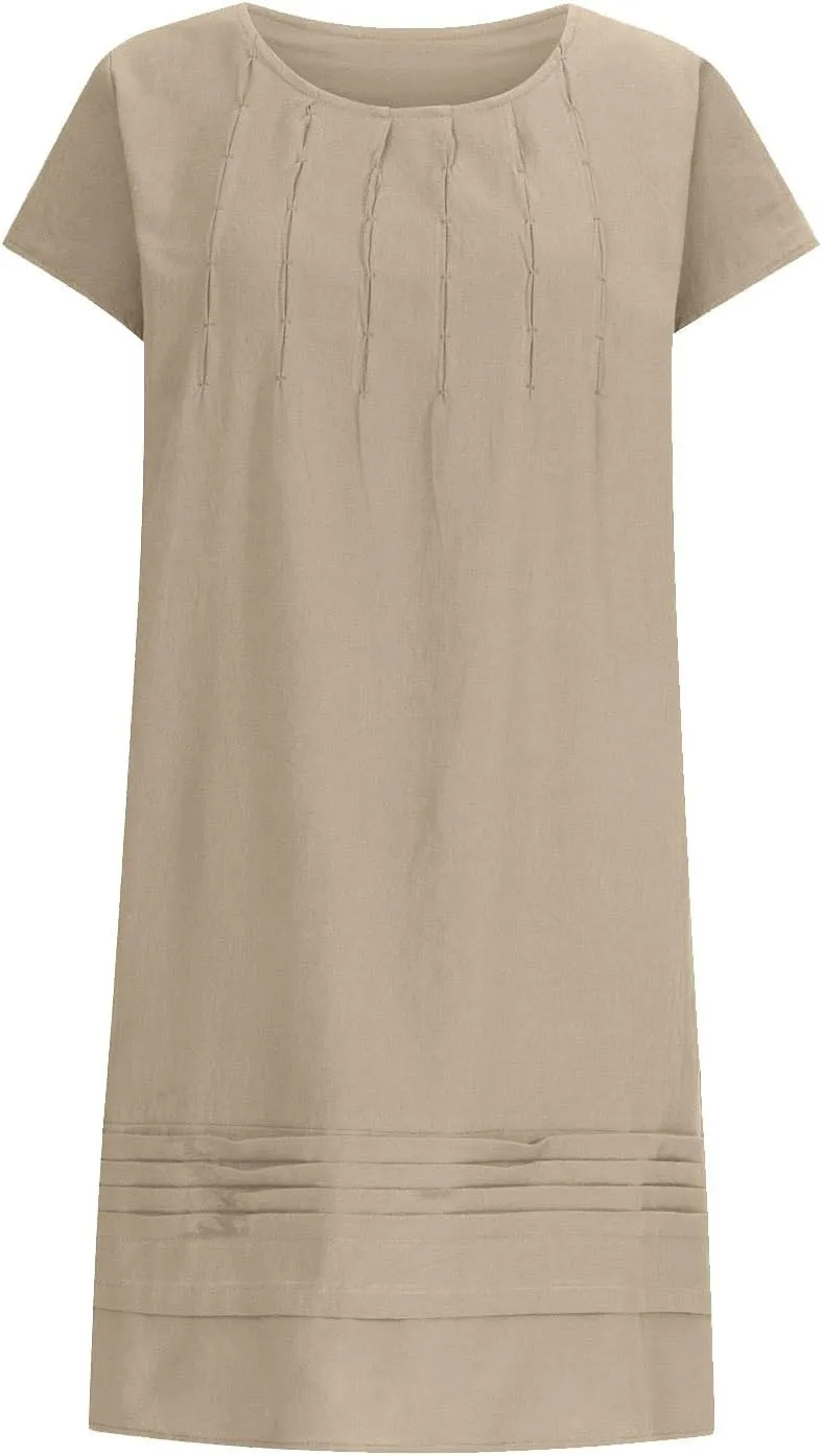 Boho Linen Midi Dresses for Women Short Sleeve Crewneck Pleated Dress Casual Aline Sundresses Beach Vacation Clothes
