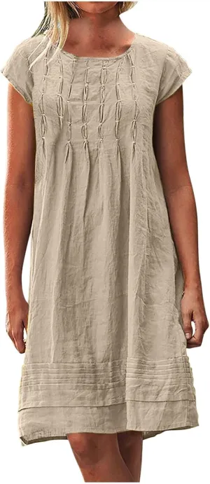 Boho Linen Midi Dresses for Women Short Sleeve Crewneck Pleated Dress Casual Aline Sundresses Beach Vacation Clothes