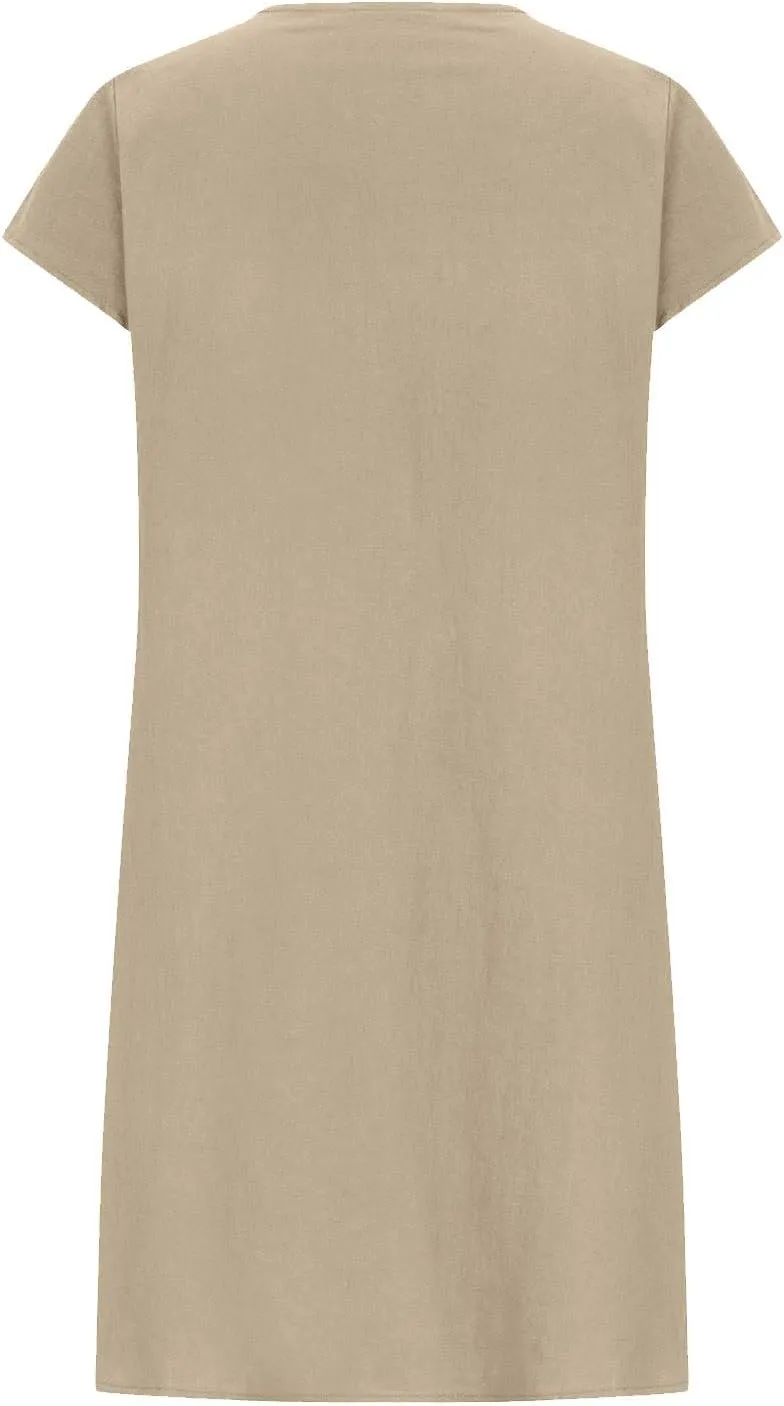 Boho Linen Midi Dresses for Women Short Sleeve Crewneck Pleated Dress Casual Aline Sundresses Beach Vacation Clothes