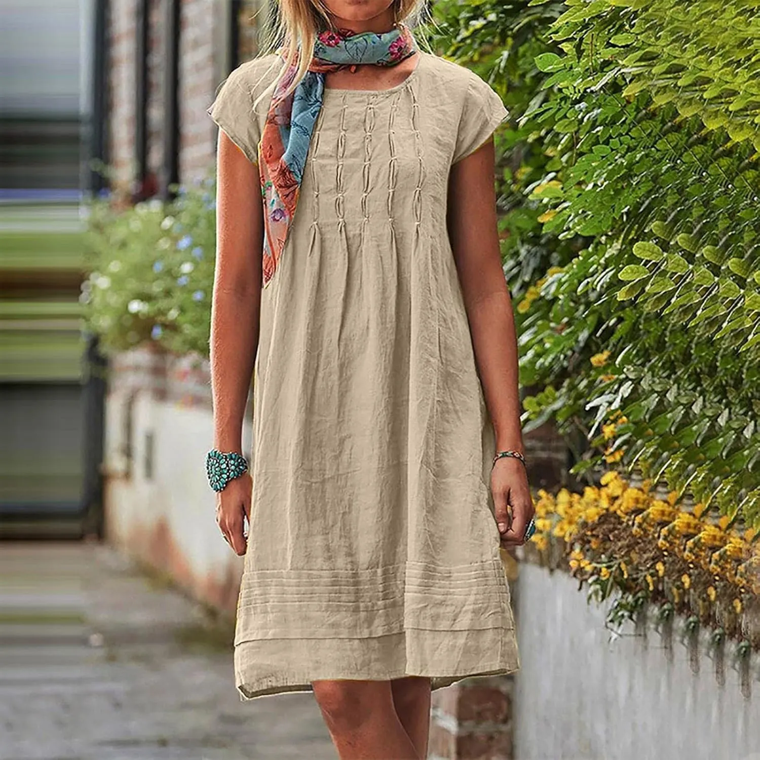 Boho Linen Midi Dresses for Women Short Sleeve Crewneck Pleated Dress Casual Aline Sundresses Beach Vacation Clothes