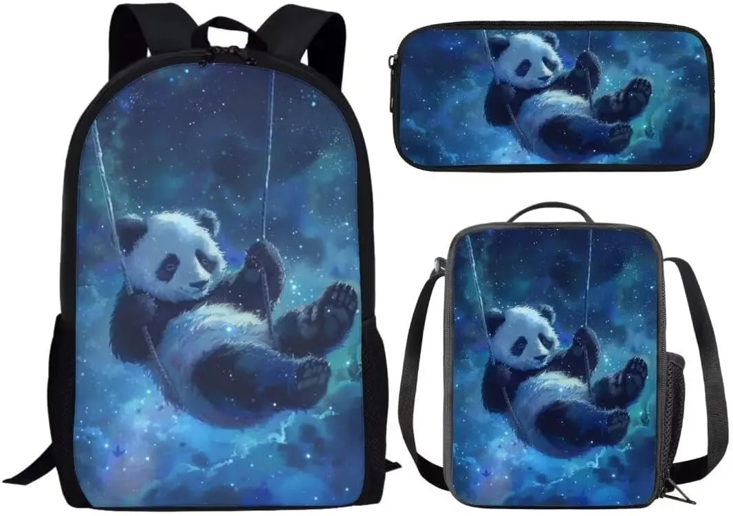 Boys 3 In 1 Backpack Sets 17 Inch Swing Panda Print Cool Elementary School Bag With Insulated Lunch Bag Zipper Pen Bag
