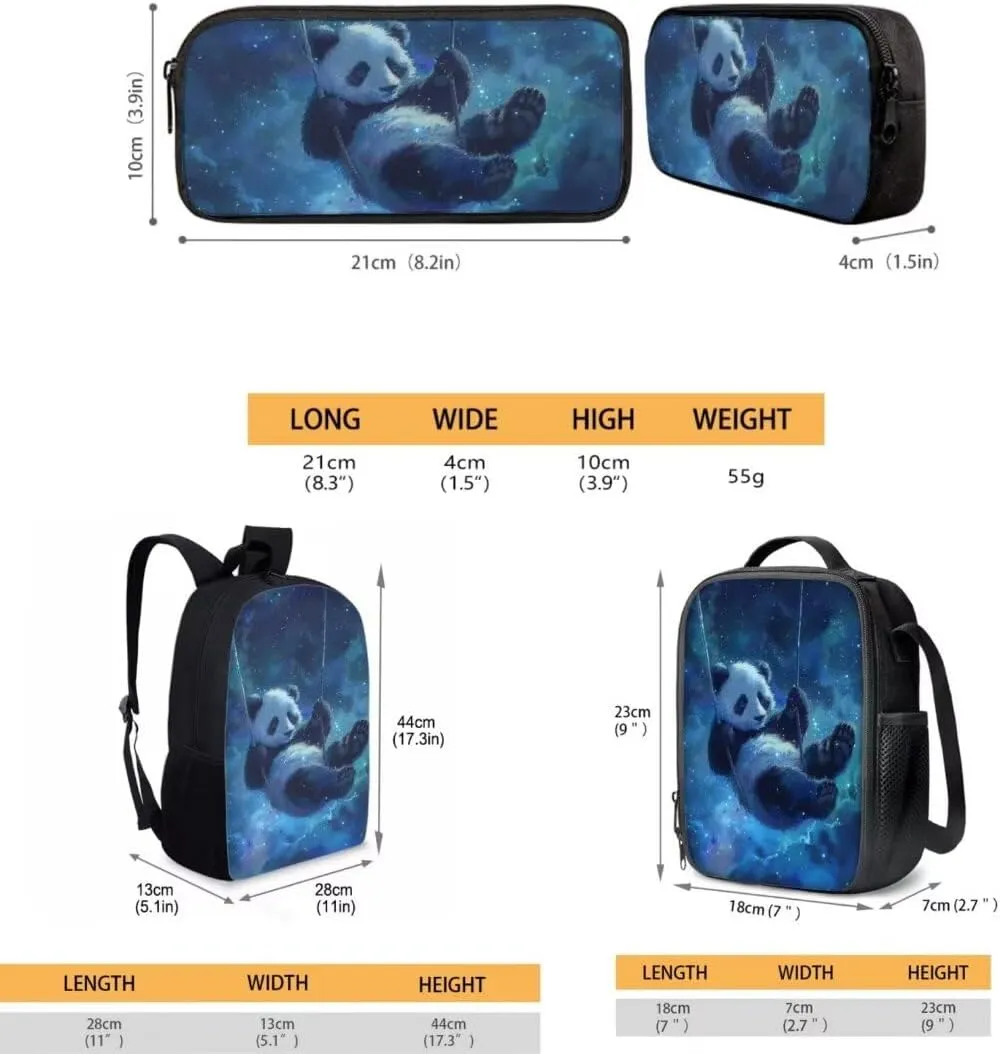 Boys 3 In 1 Backpack Sets 17 Inch Swing Panda Print Cool Elementary School Bag With Insulated Lunch Bag Zipper Pen Bag