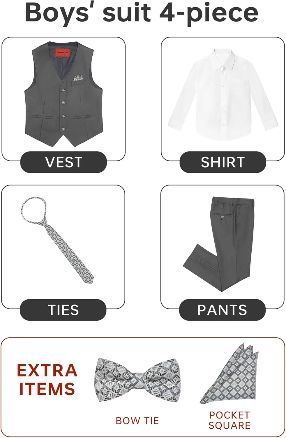 Boys' 6-Piece Formal Slim Fit Suit Set, Vest, Pants, Dress Shirt, Tie, Pocket Square, and Bow Tie