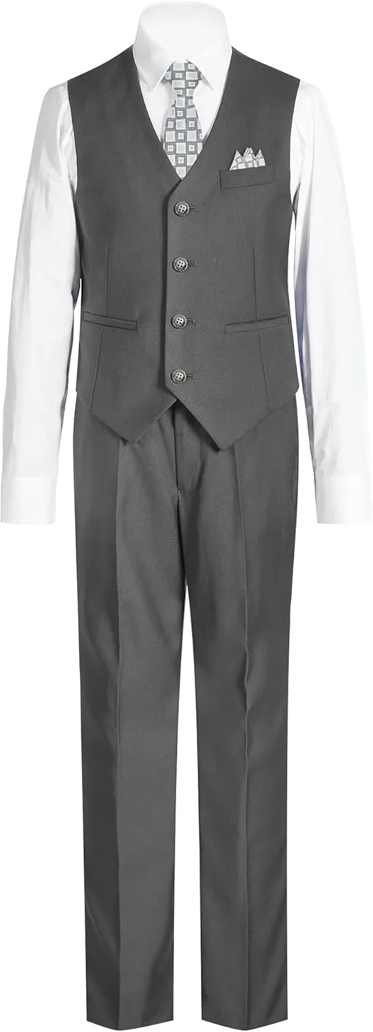 Boys' 6-Piece Formal Slim Fit Suit Set, Vest, Pants, Dress Shirt, Tie, Pocket Square, and Bow Tie