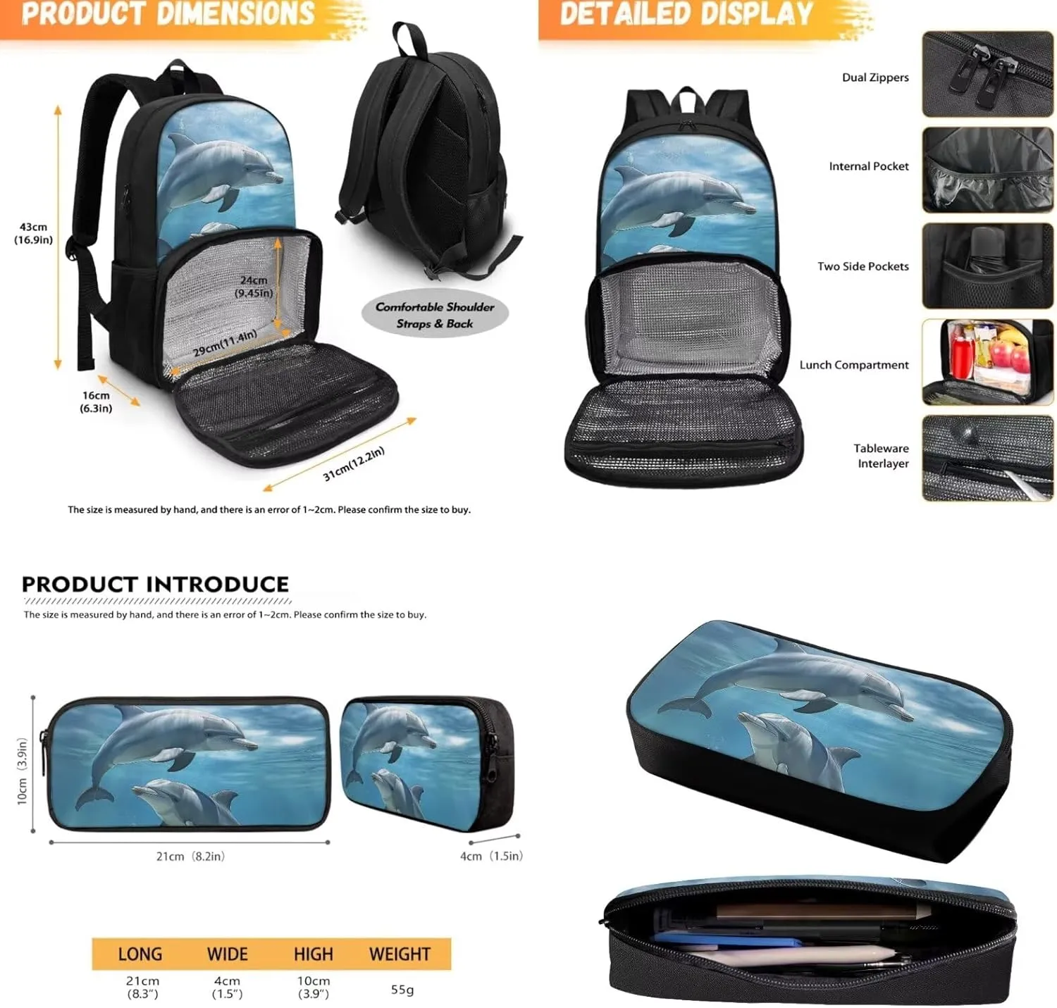 Boys Backpack for School Backpack for Girls Kids Pencil Case Cooler Backpack with Lunch Compartment Teens Book Bag Dolphin Backpack for Girls Schoolbag