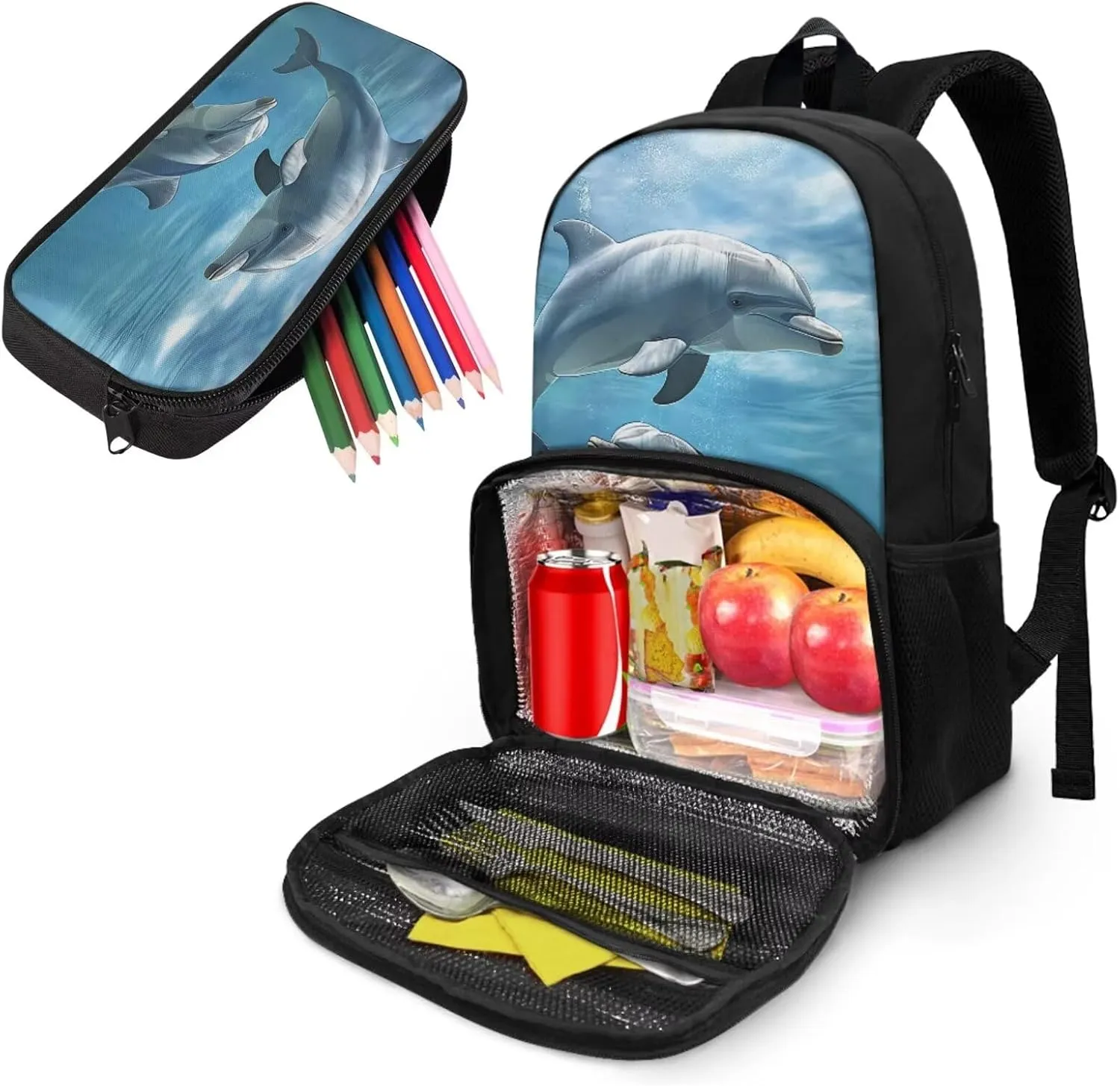 Boys Backpack for School Backpack for Girls Kids Pencil Case Cooler Backpack with Lunch Compartment Teens Book Bag Dolphin Backpack for Girls Schoolbag