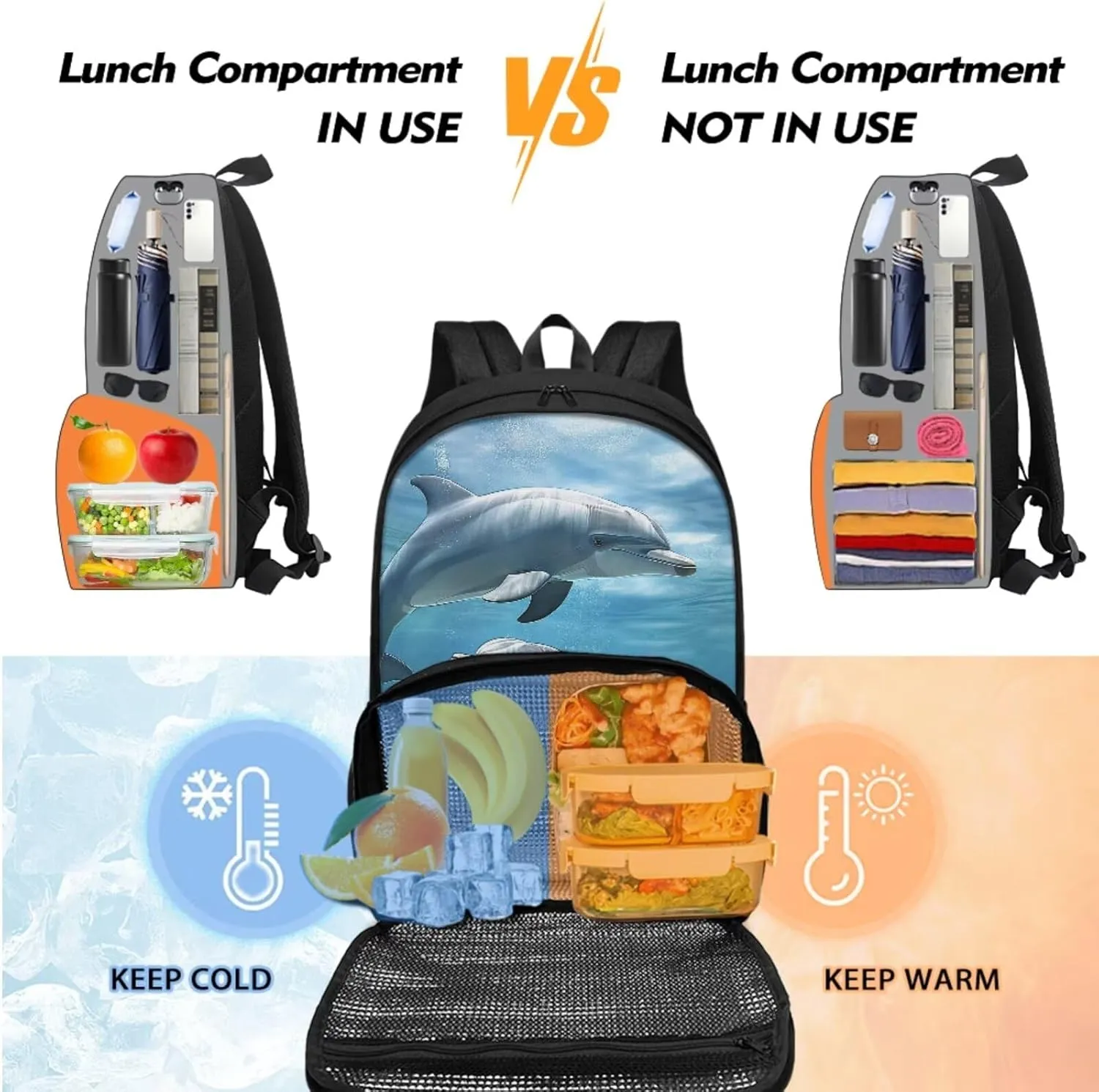 Boys Backpack for School Backpack for Girls Kids Pencil Case Cooler Backpack with Lunch Compartment Teens Book Bag Dolphin Backpack for Girls Schoolbag