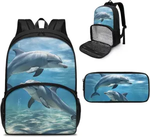 Boys Backpack for School Backpack for Girls Kids Pencil Case Cooler Backpack with Lunch Compartment Teens Book Bag Dolphin Backpack for Girls Schoolbag