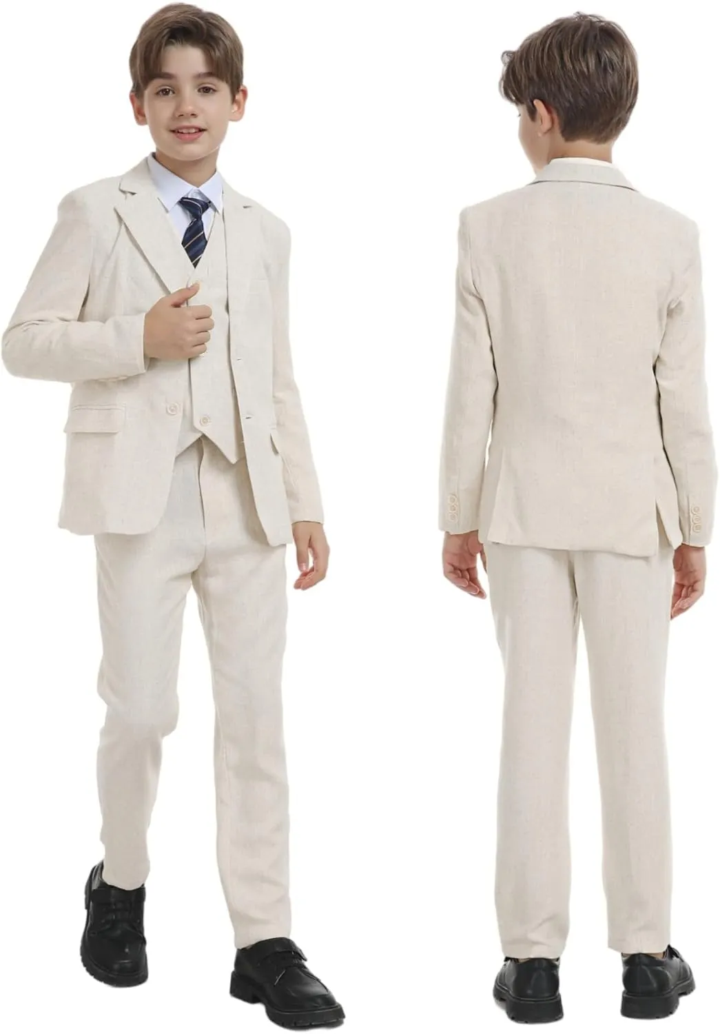 Boys Linen Suit for Kids Formal Tuxedo Suits 3 Piece Wedding Birthday Dress Clothes Slim Jacket Vest Pants Set