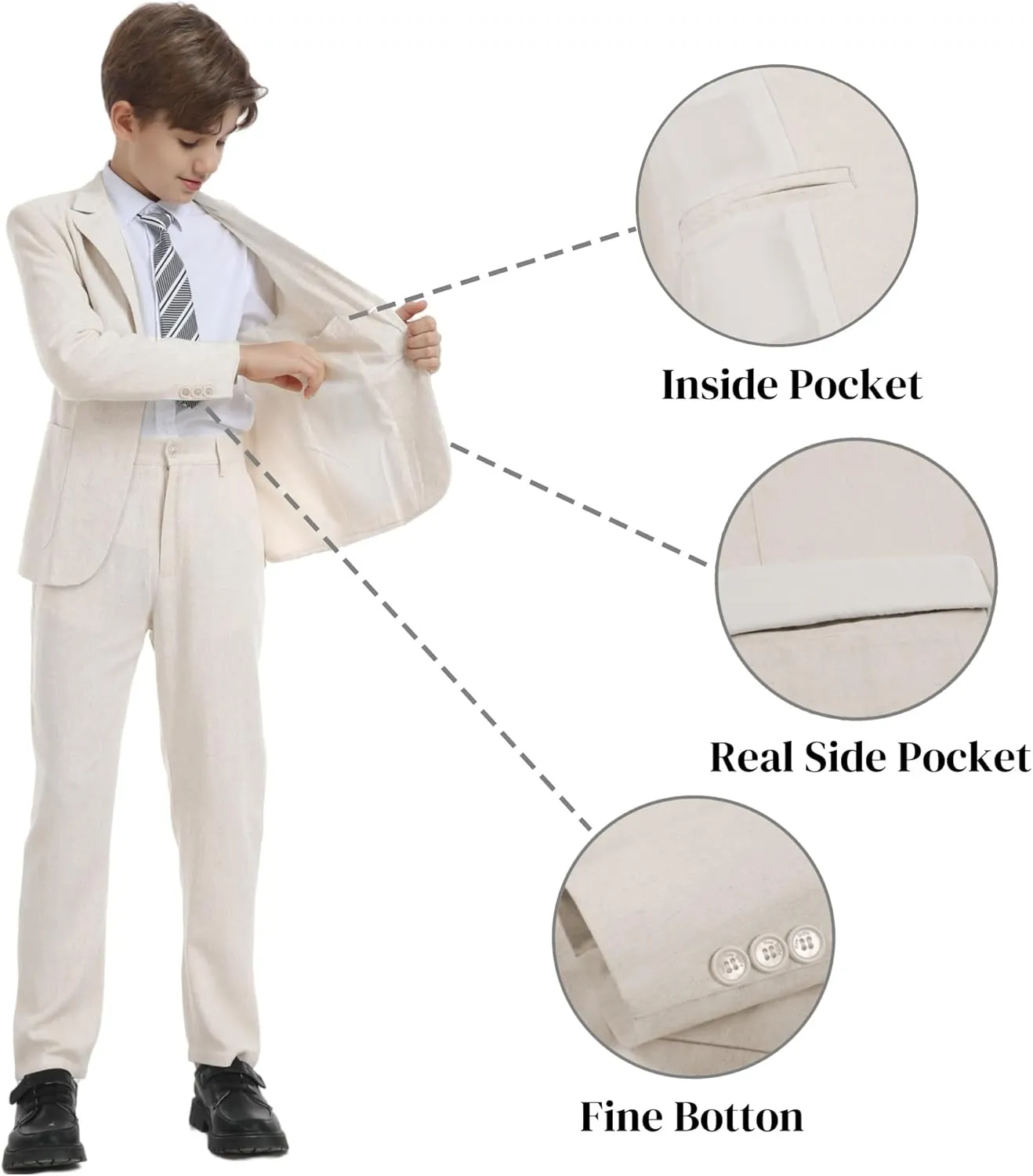 Boys Linen Suit for Kids Formal Tuxedo Suits 3 Piece Wedding Birthday Dress Clothes Slim Jacket Vest Pants Set
