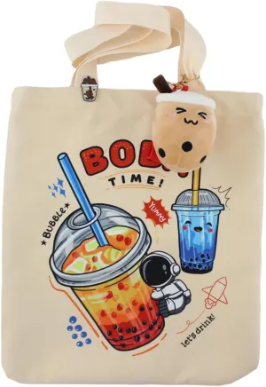 Bubble Tea Tote Bag with Boba Print  14x16 Flannel Shopping Bag for Women, Includes Enamel Pin and Boba Keychain Gift Set