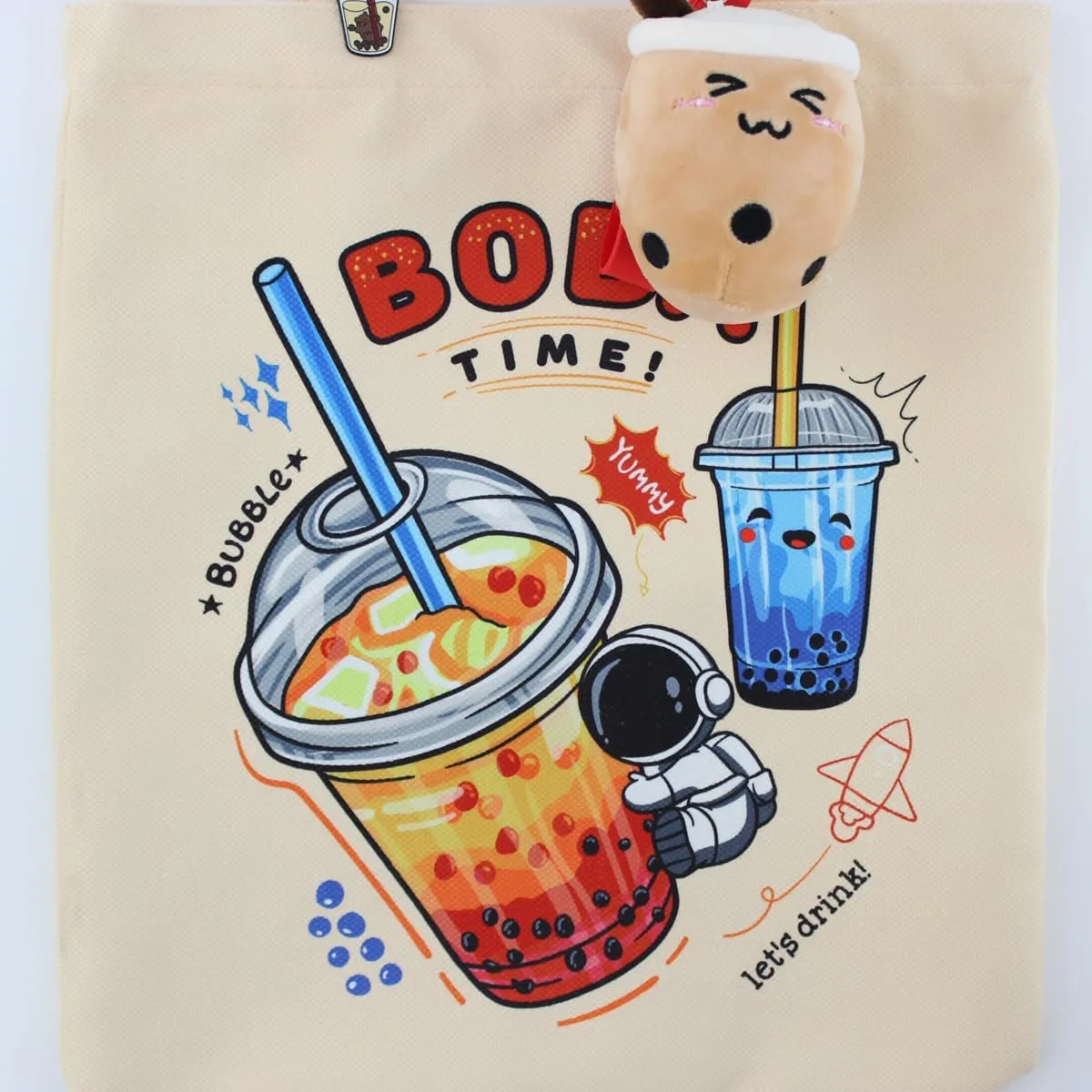 Bubble Tea Tote Bag with Boba Print  14x16 Flannel Shopping Bag for Women, Includes Enamel Pin and Boba Keychain Gift Set