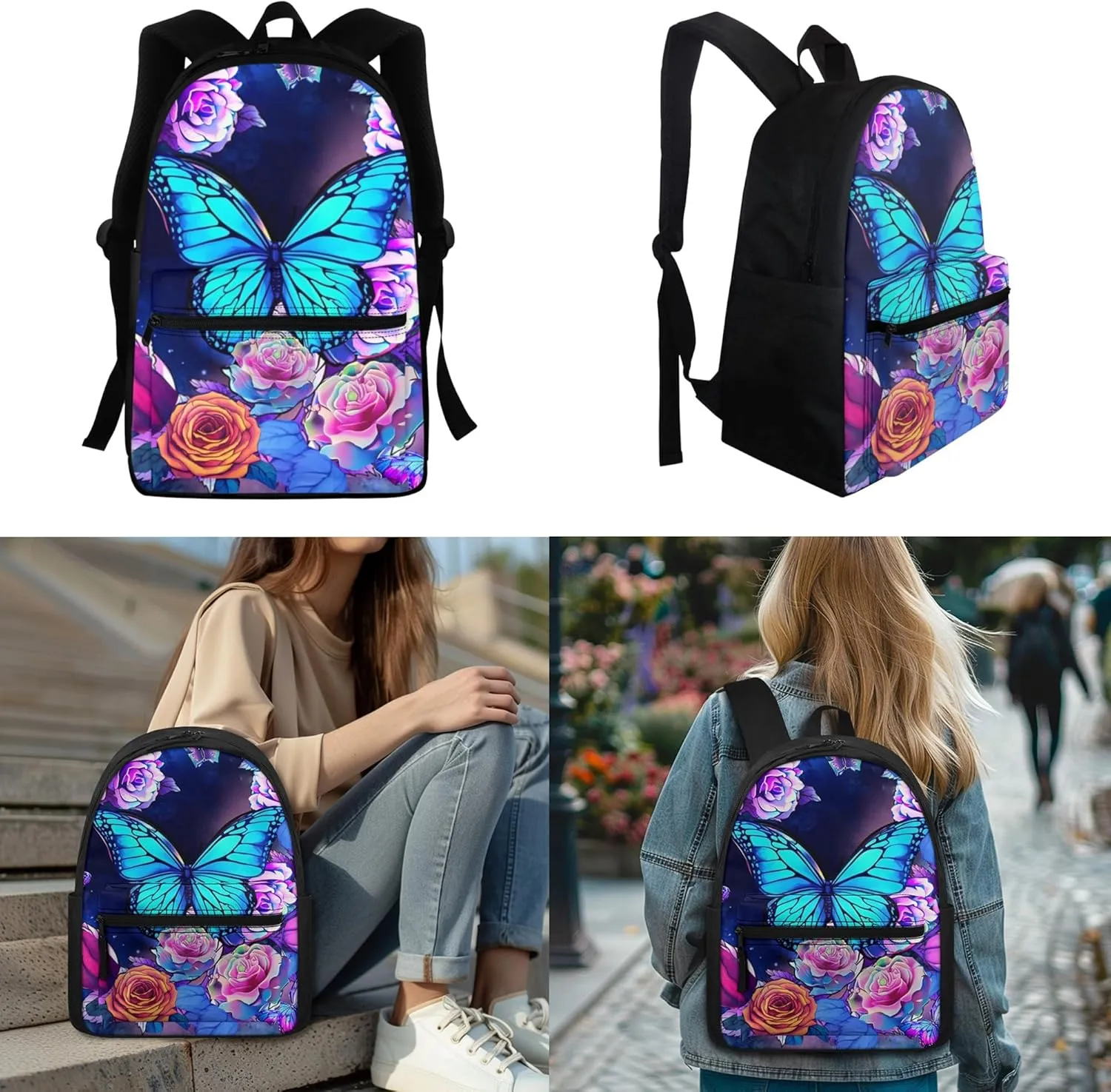 Butterfly Backpack for Girls 6-8 14-16 Kids School Bag Set with Lunchbox Pencil Case Water Bottle Sleeve Elementary Schoolbag Primary Middle School Bookbag Rose Back Pack