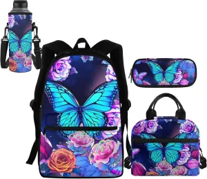 Butterfly Backpack for Girls 6-8 14-16 Kids School Bag Set with Lunchbox Pencil Case Water Bottle Sleeve Elementary Schoolbag Primary Middle School Bookbag Rose Back Pack