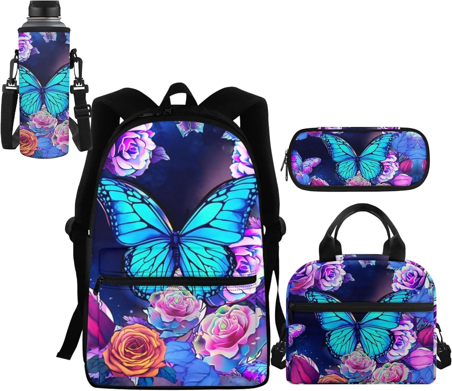 Butterfly Backpack for Girls 6-8 14-16 Kids School Bag Set with Lunchbox Pencil Case Water Bottle Sleeve Elementary Schoolbag Primary Middle School Bookbag Rose Back Pack